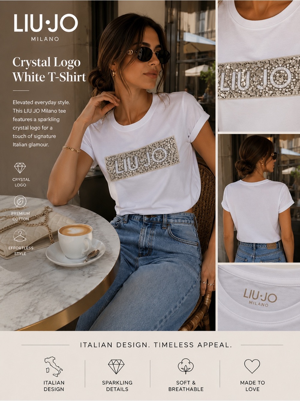 🇮🇹 LIU JO Milano Crystal Logo White T-Shirt Size S Designer Tee